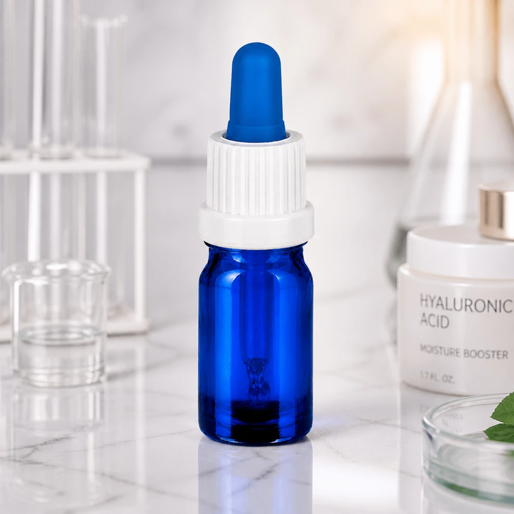 UV-schützende blaue 5ml Pipettenflasche mit weißem Tropfverschluss für lichtempfindliche Substanzen