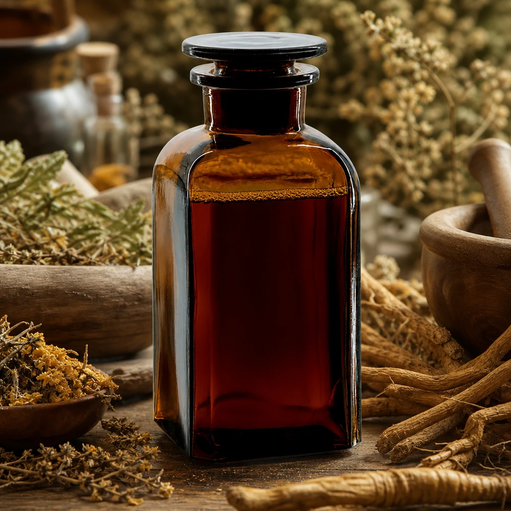 Čtvercová láhev 350ml hnědá skleněná zátka se širokým hrdlem Historische Vierkantflasche 350ml braun mit breitem Hals und Glasstopfen für die Naturheilkunde