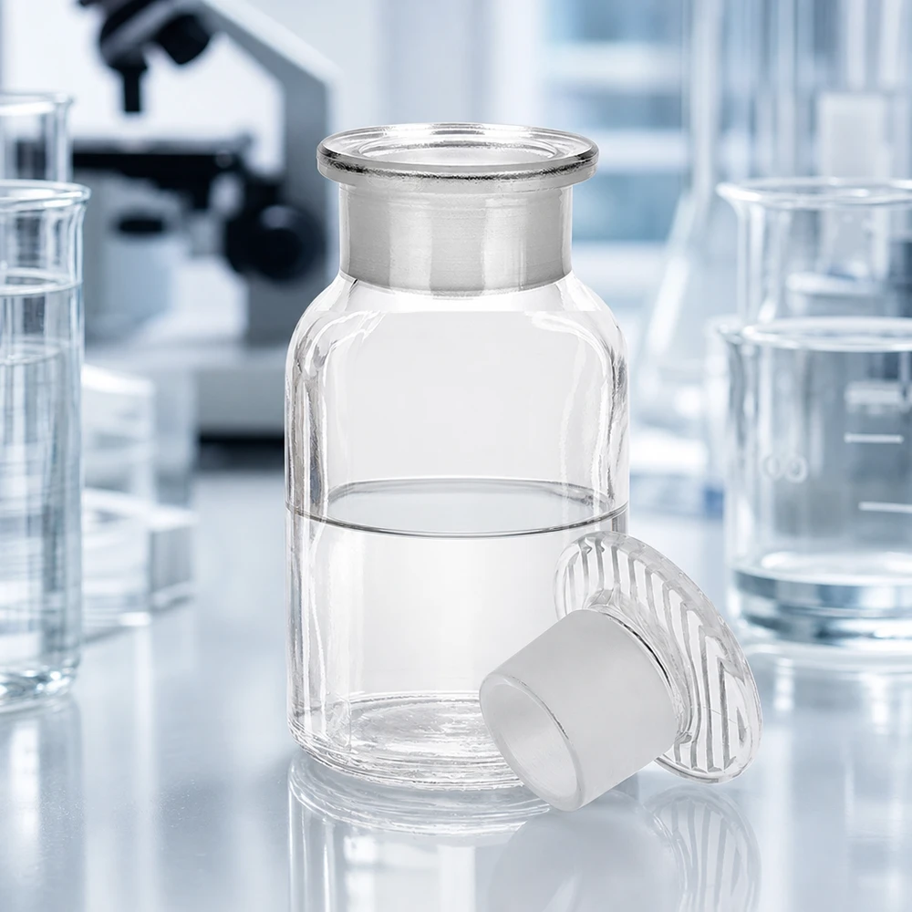 Láhev s kulatým ramenem 100ml čirá skleněná zátka se širokým hrdlem Laborglasflasche Rundschulter 100ml klar Weithals mit aufsitzendem Glasstopfen säurefest