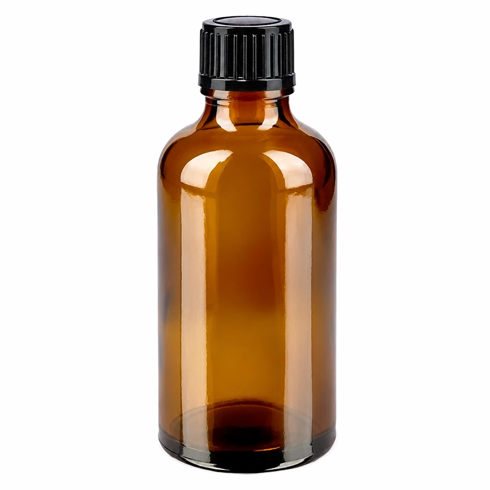 Lékárenská láhev hnědá 50ml se šroubovacím uzávěrem černá standardní Leere 50ml Apothekerflasche Braunglas für Tropfen Öle mit schwarzem Verschluss