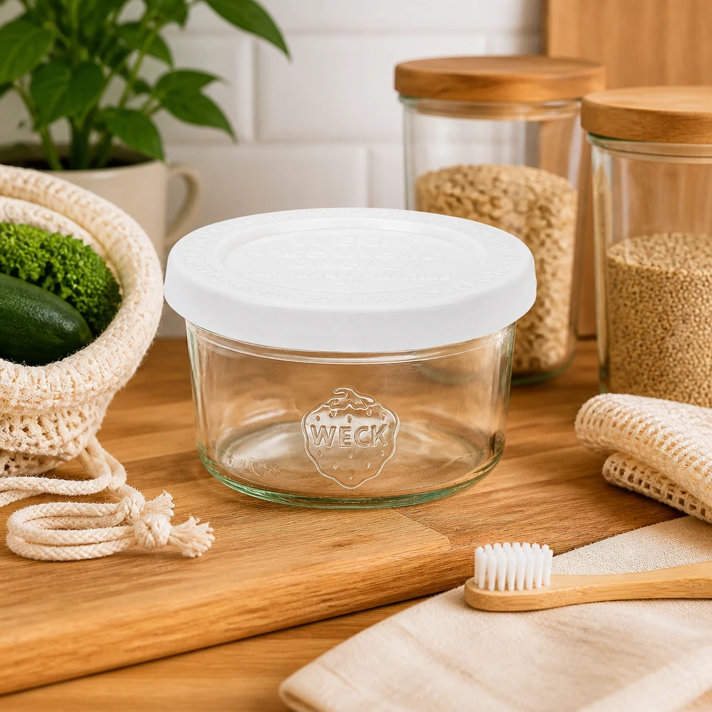 WECK 50ml Sturzglas RR60 mit weißem Deckel in nachhaltiger Küche mit Bambus Zahnbürste und Zero Waste Produkten