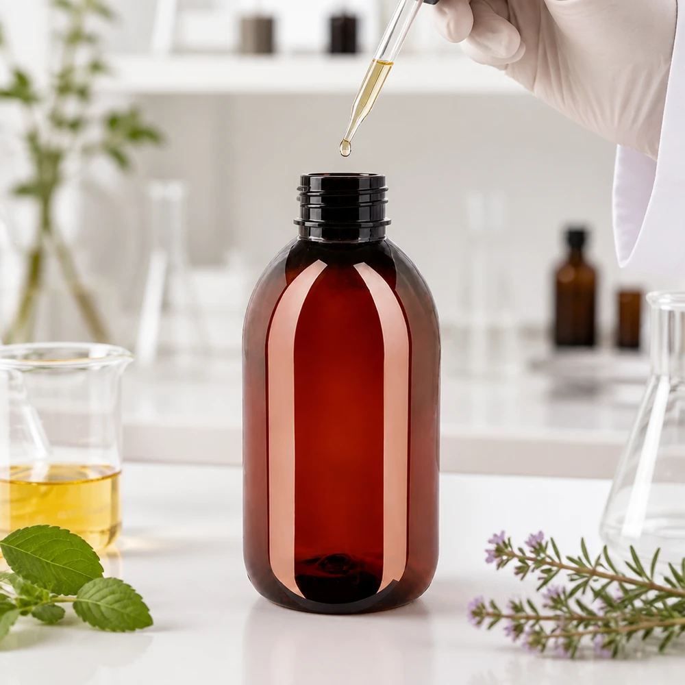 Hnědá PET láhev o objemu 250 ml s bezpečnostním uzávěrem v laboratoři s pipetou a bylinami