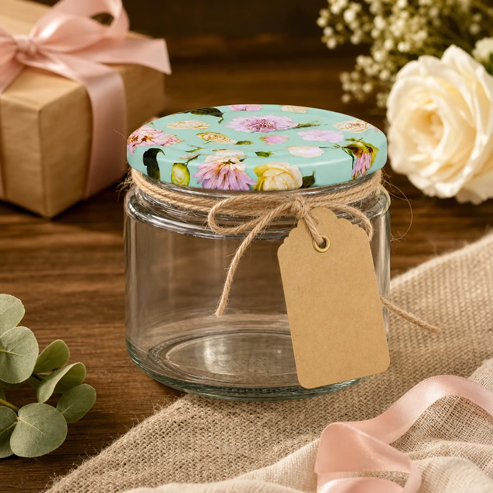 330ml kulatá sklenice + víčko BasicSeal flower mint UNiTWIST 330ml Rundglas BasicSeal Deckel Blume mint Geschenkverpackung Dekoration Juteseil Anhänger romantisch