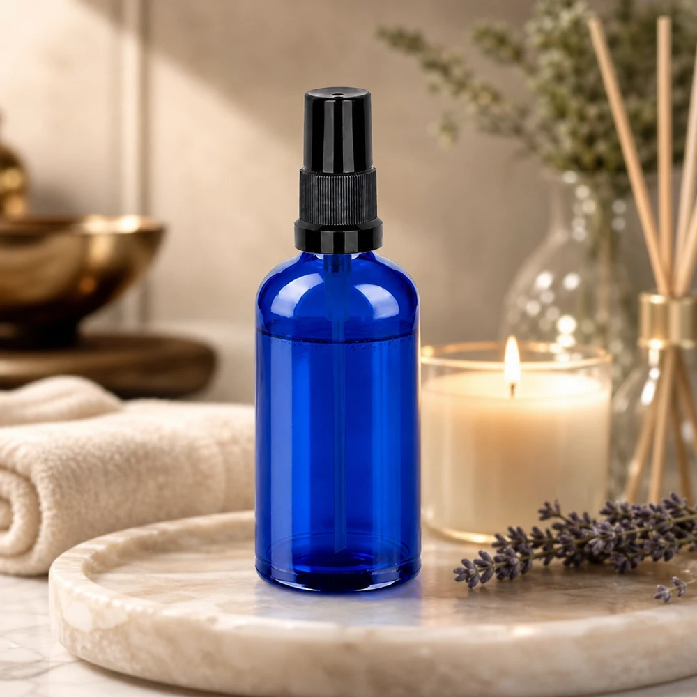100ml lahev na stříkání černá standardní uzávěr BlueLine UT18/100 Nachfüllbare 100ml Sprayflasche blau - umweltfreundliche Alternative aus hochwertigem Glas