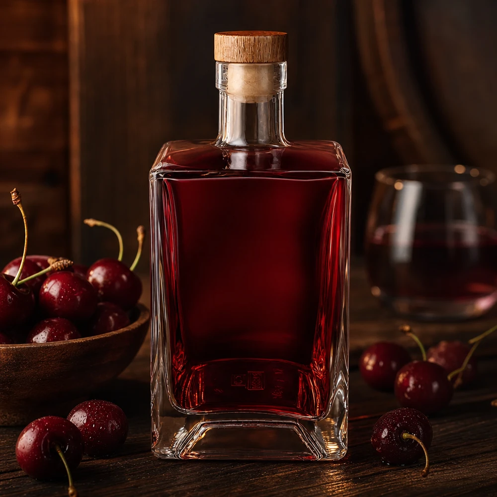 700ml Glasflasche "Gali" mit Holzgriffkorken UNiTWIST® 700ml Glasflasche Ben mit rotem Kirschlikör gefüllt zwischen frischen Kirschen rustikale Holzoberfläche UNiTWIST Korken