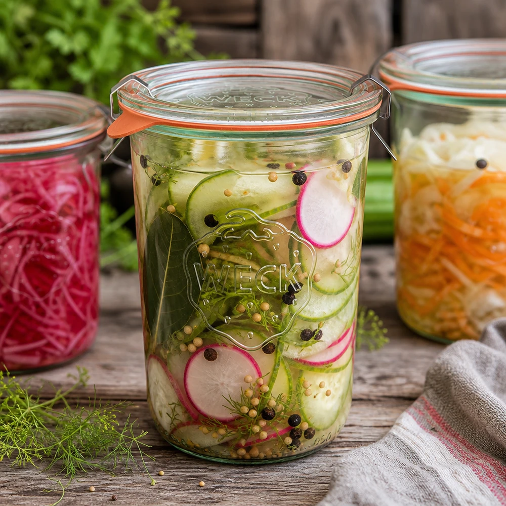 Kompletní sklenice s objemem 850 ml WECK RR100 s čerstvostí. WECK RR100 Sturzglas 850ml mit eingelegtem Gurken-Radieschen-Salat zeigt perfekte Fermentation und Konservierung