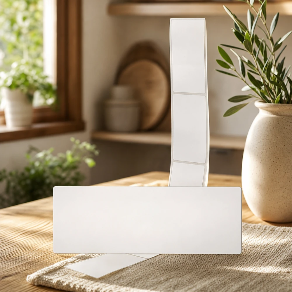 Leere Beschriftungsetiketten 54x154,5mm in natürlicher Wohnumgebung mit Pflanze und warmem Tageslicht präsentiert