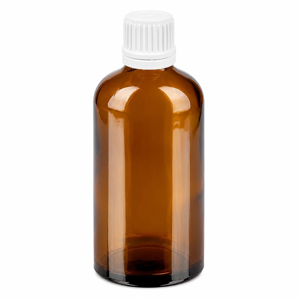 100ml láhev 11mm šroubovací uzávěr bílý tamper evidentní uzávěr BrownLine UT18/100 Kompakte 100ml Braunglasflasche mit weißem 11mm Verschluss für pharmazeutische Anwendungen