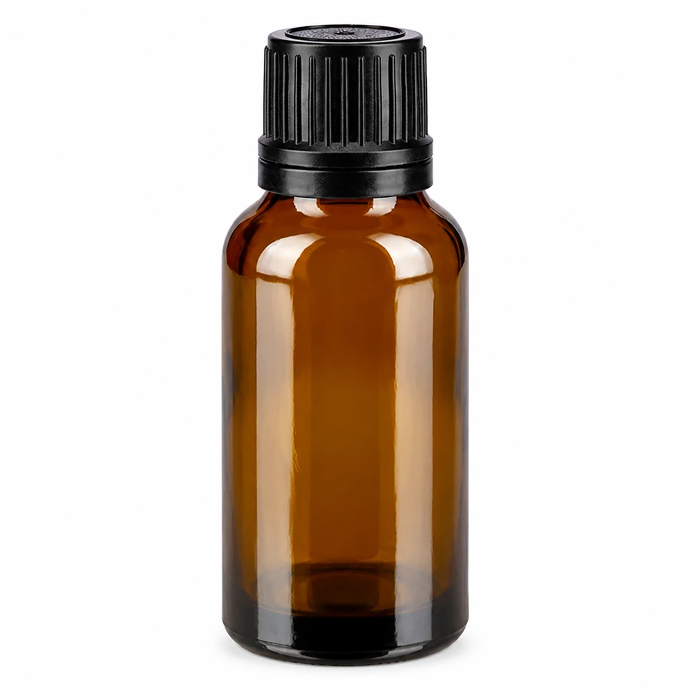 Lékárenská lahvička hnědá 20ml kapátko s nalévacím kroužkem 1mm černý uzávěr s ochranou proti manipulaci. Tropfflasche 20ml Braunglas für ätherische Öle und Pharmazeutika mit OV-Deckel