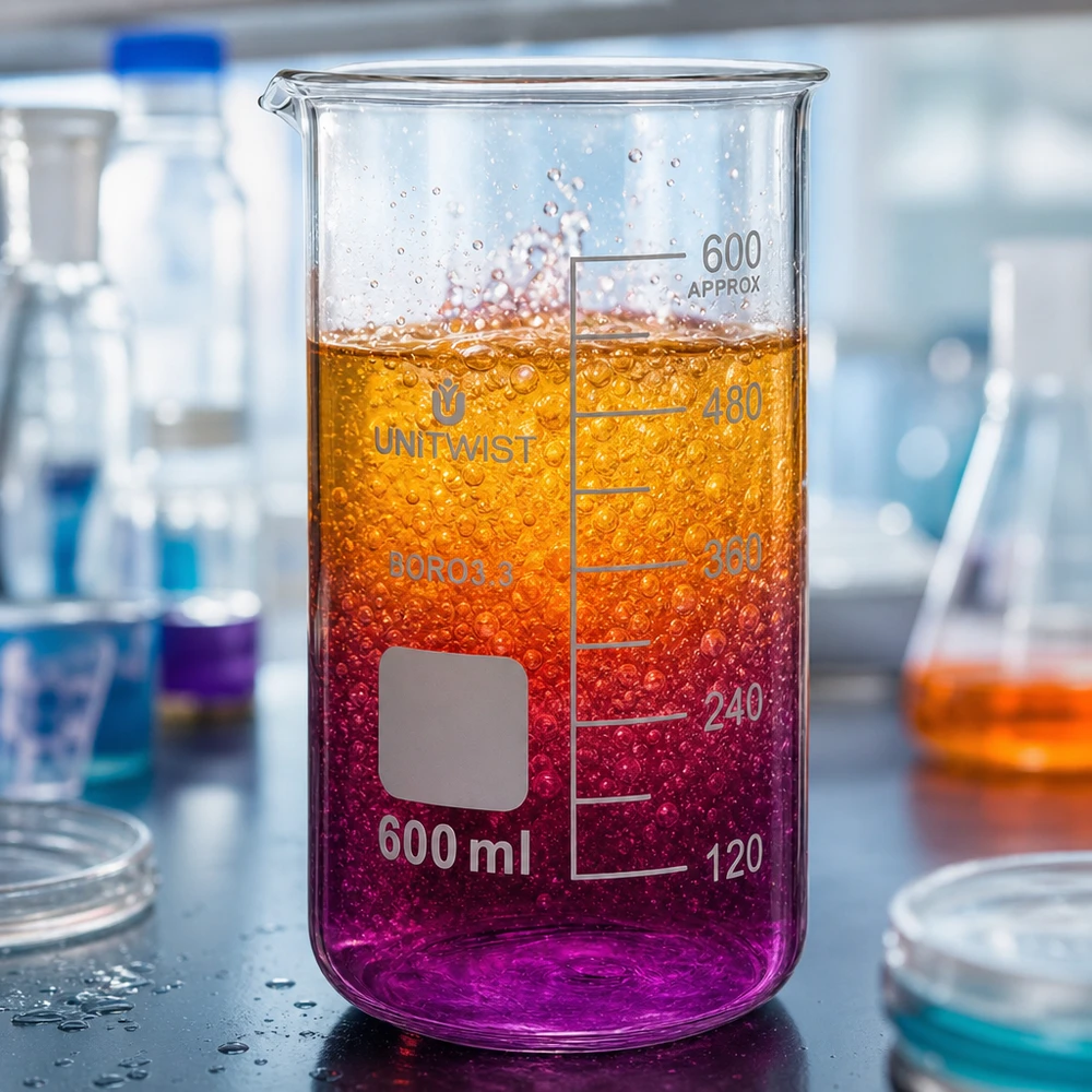 Kádinka 600 ml borosilikátová, vysoká forma UNiTWIST Becherglas 600ml hohe Form UNITWIST Boro 3.3 mit zweifarbigem Flüssigkeitsinhalt pink orange
