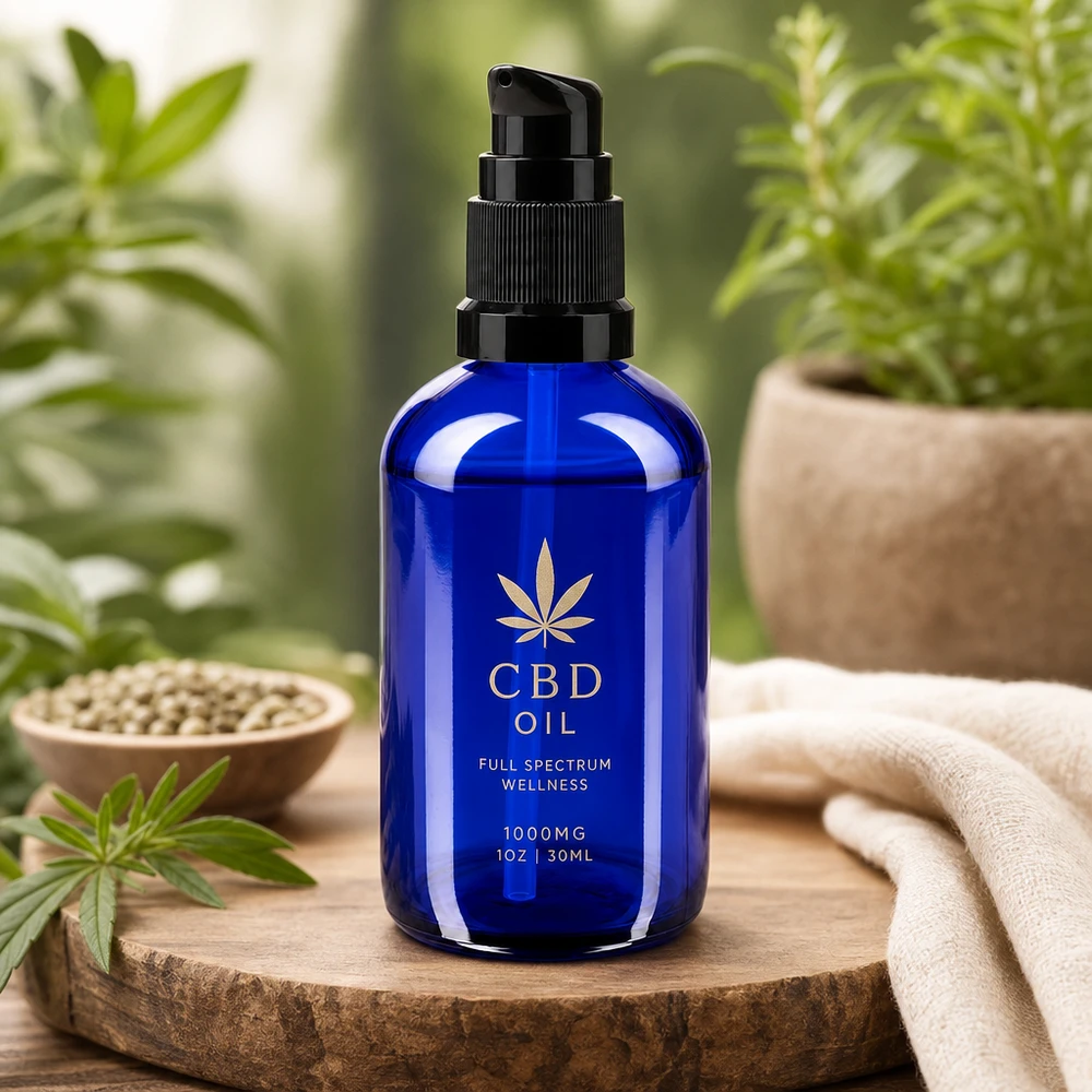 Kobaltblaue Apothekerglasflasche mit Dosierpumpe auf Baumscheibe vor grünem Naturhintergrund