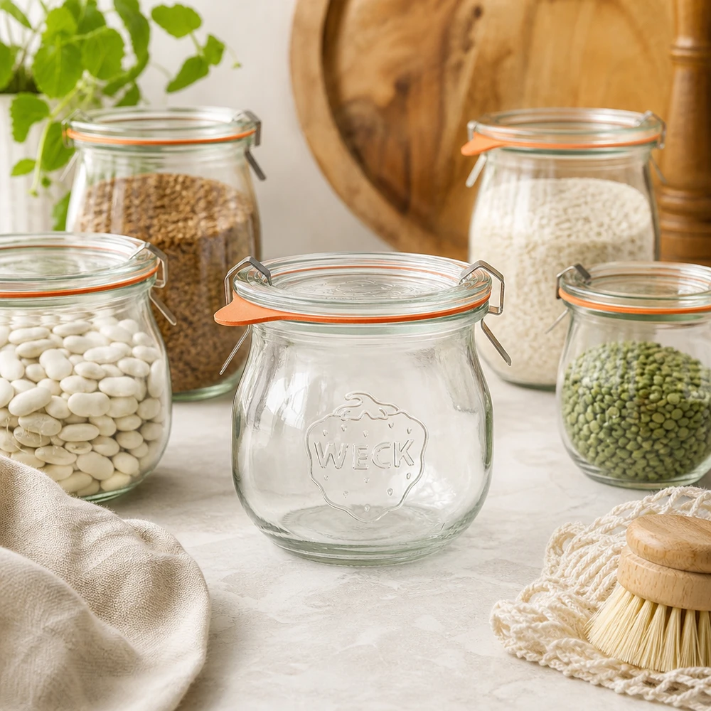 75ml tulipánová dóza kompletní WECK RR40 WECK Tulpenglas 75ml RR40 in natürlicher Küchen-Szenerie zwischen Vorratsgläsern mit Hülsenfrüchten und Getreide