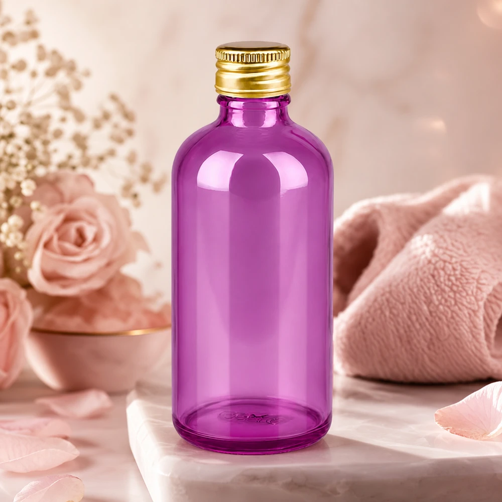 PurpleLine 100ml lahvička 11mm šroubovací uzávěr hliníkový zlatý standard. UT18/100 Standardformat 100ml Violettglasbehälter mit wiederverschließbarem Deckel für portionierte Anwendung