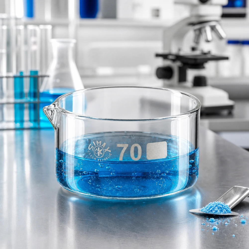 Weitflächige Glasschale 70mm mit Ausguss für Verdampfungs und Kristallisationsversuche im Chemielabor
