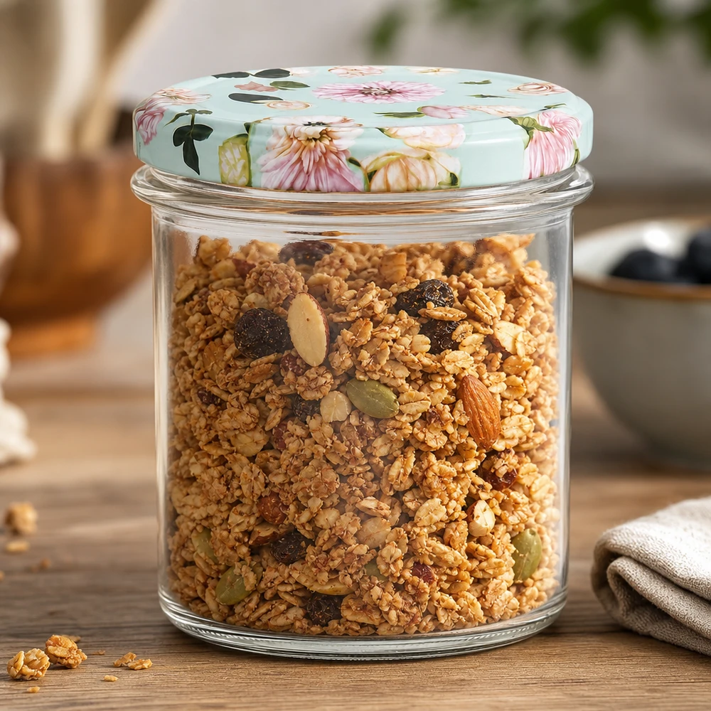350ml kelímky + víčko BasicSeal flower mint UNiTWIST 350ml Sturzglas mit BasicSeal Deckel Blumenmuster mint gefüllt mit Müsli, praktische Vorratsdose für Küche