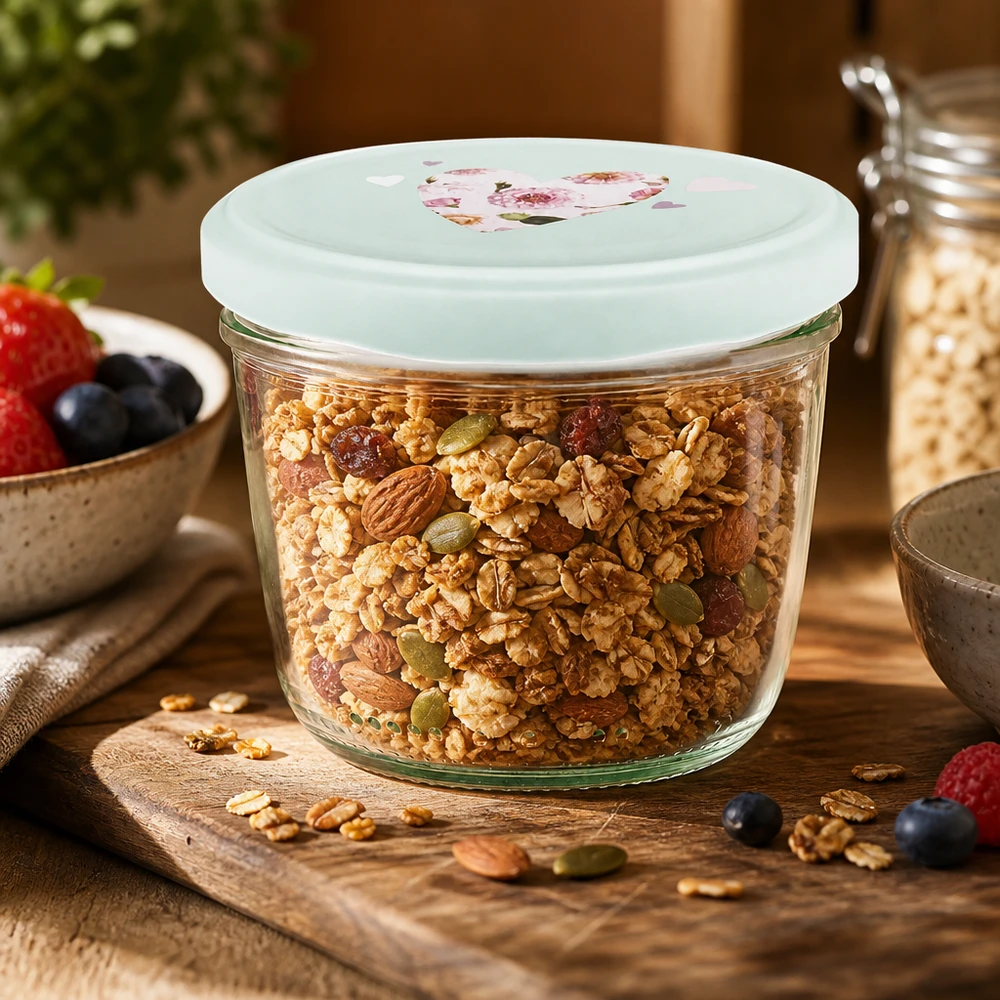 230ml kelímky + víčko BasicSeal srdíčková máta UNiTWIST Granola und Müsli im 230ml Sturzglas mit BasicSeal Deckel Herz mint, Frühstückszerealien luftdicht lagern