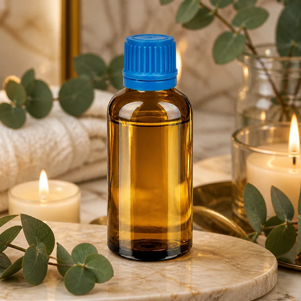 50ml láhev 11mm šroubovací uzávěr modrý tamper evidentní uzávěr BrownLine UT18/50 Vielseitige 50ml Flasche aus braunem Schutzglas mit engem Hals für Aromatherapie und Kosmetik