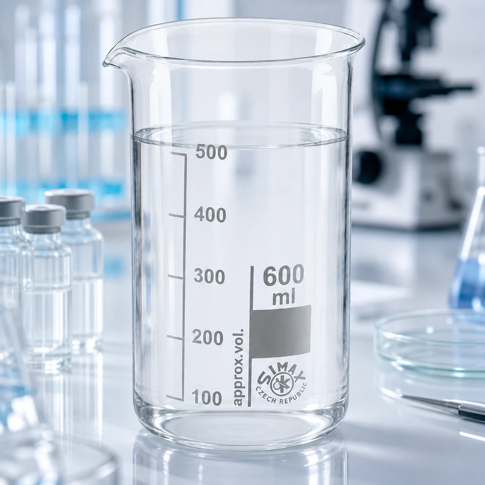Kádinka 600 ml z borosilikátového skla, vysoký tvar Simax Becherglas 600ml hohe Form mit präziser Volumenmarkierung auf weißer Laborarbeitsfläche