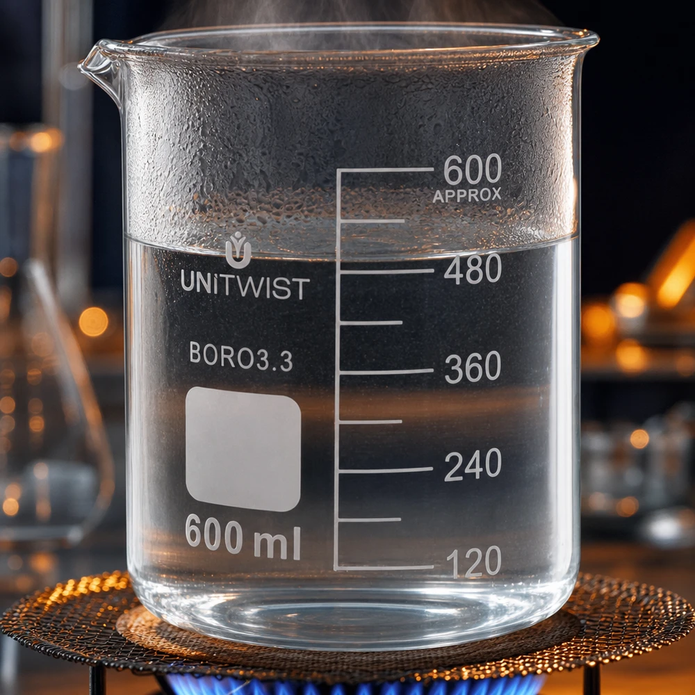 Kádinka 600 ml borosilikátová, nízká forma UNiTWIST UNiTWIST 600ml Becherglas kochend auf Brenner mit Wasserdampf und Skalierung bis 600ml