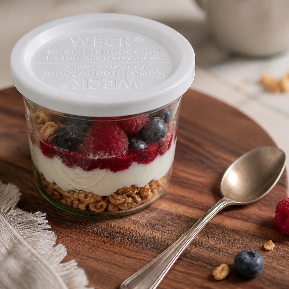 Přilnavé víko WECK RR120 WECK Frischhaltedeckel RR120 auf Joghurt-Beeren-Dessert im Glas mit Löffel auf Holzbrett Küchenzubehör