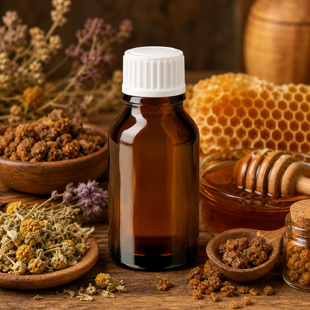Lichtgeschützte 30ml Glasflasche braun weißer Standardverschluss für natürliche Propolis Tinkturen