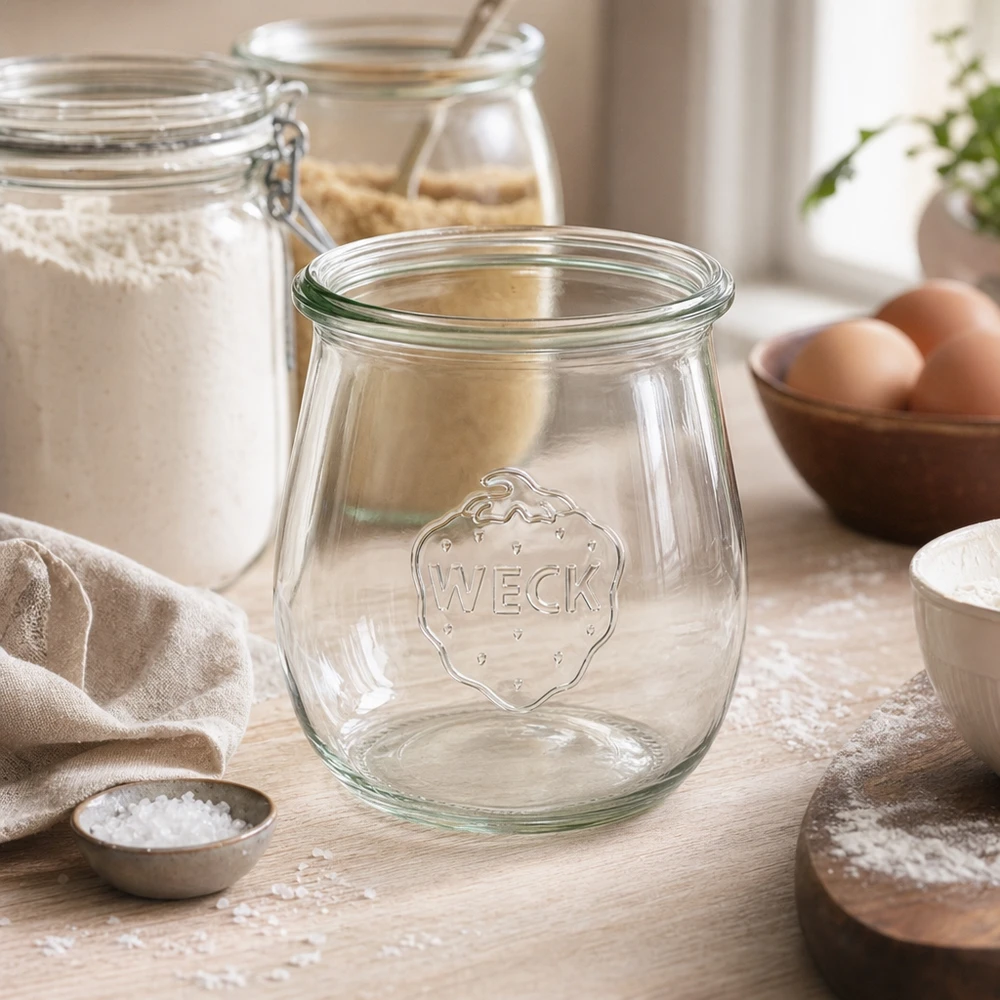 220ml tulipánová sklenice WECK RR60 s dřevěným dřevem WECK Tulpenglas 220ml RR60 transparent leer in Küchenszenerie mit Mehl Eiern und Backzutaten auf Holztisch
