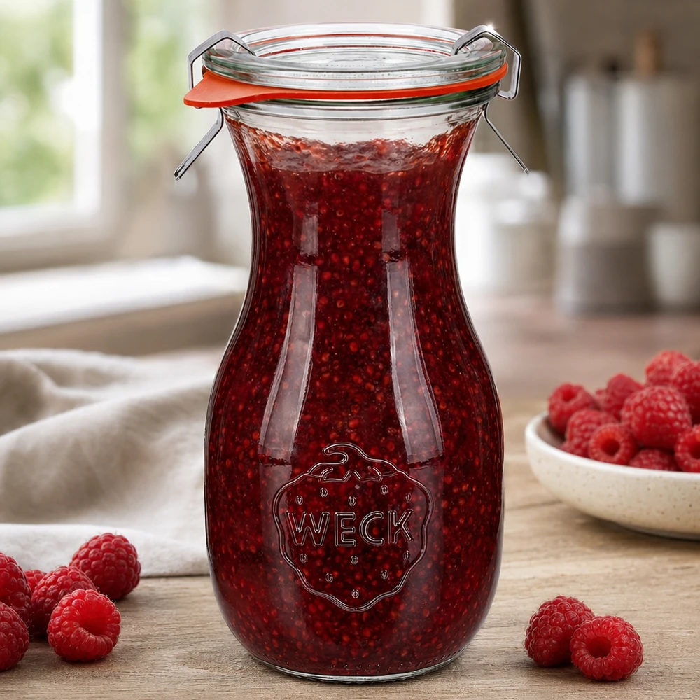 290ml láhev na džus kompletní WECK RR60 WECK Saftflasche 290ml RR60 gefüllt mit Himbeermarmelade und Bügelverschluss auf Holztisch mit frischen Himbeeren