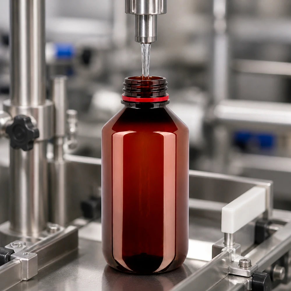 PET láhev 200ml s bílým/červeným uzávěrem s ochranou proti manipulaci. Plnění 200ml hnědých PET lahví s červeným uzávěrem OV na průmyslové plnicí lince