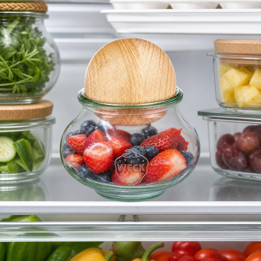 WECK Schmuckglas 560ml RR80 Kühlschrank Aufbewahrung Beeren Obst Holzkugel Buche Frischhaltung Kühlschrankorganisation