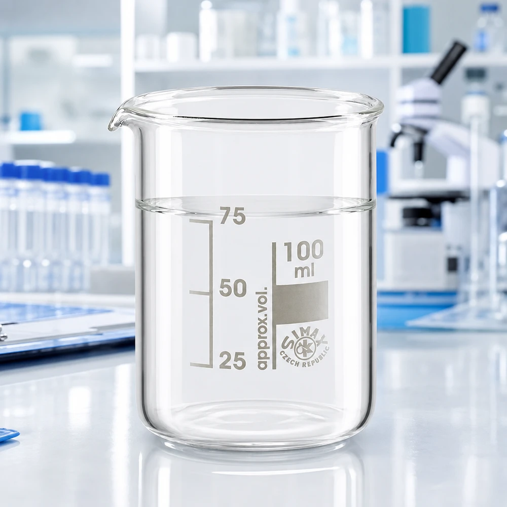 Kádinka 100ml z borosilikátového skla, nízký tvar. Stapelbares Becherglas 100ml Borosilikatglas niedrige Form für platzsparende Lagerung