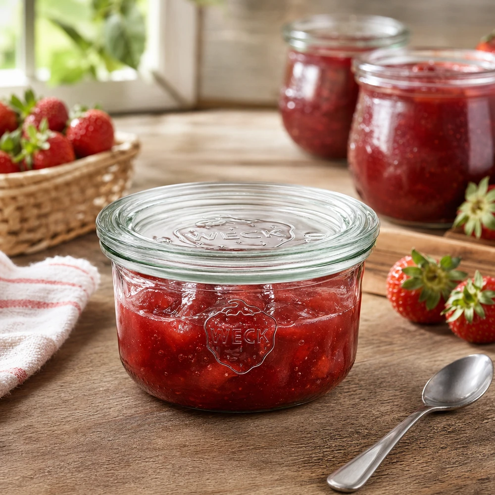 WECK Sturzglas 165ml RR80 gefüllt mit Erdbeermarmelade auf Holztisch mit frischen Erdbeeren und Löffel