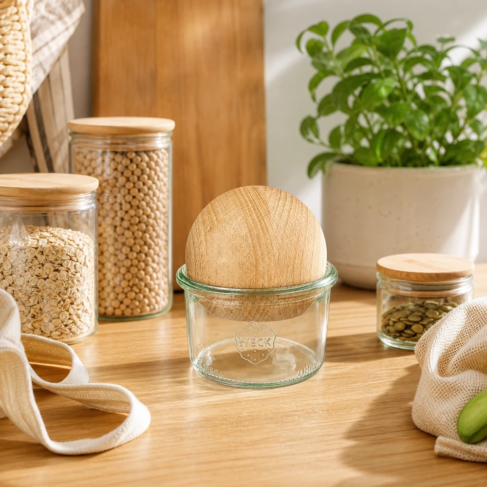 200ml kelímky WECK RR80 s dřevěnou kuličkou buk. WECK Sturzglas 200ml RR80 mit Holzkugel Buche in Zero-Waste Küche, umgeben von nachhaltigen Vorratsgläsern und Stoffbeut