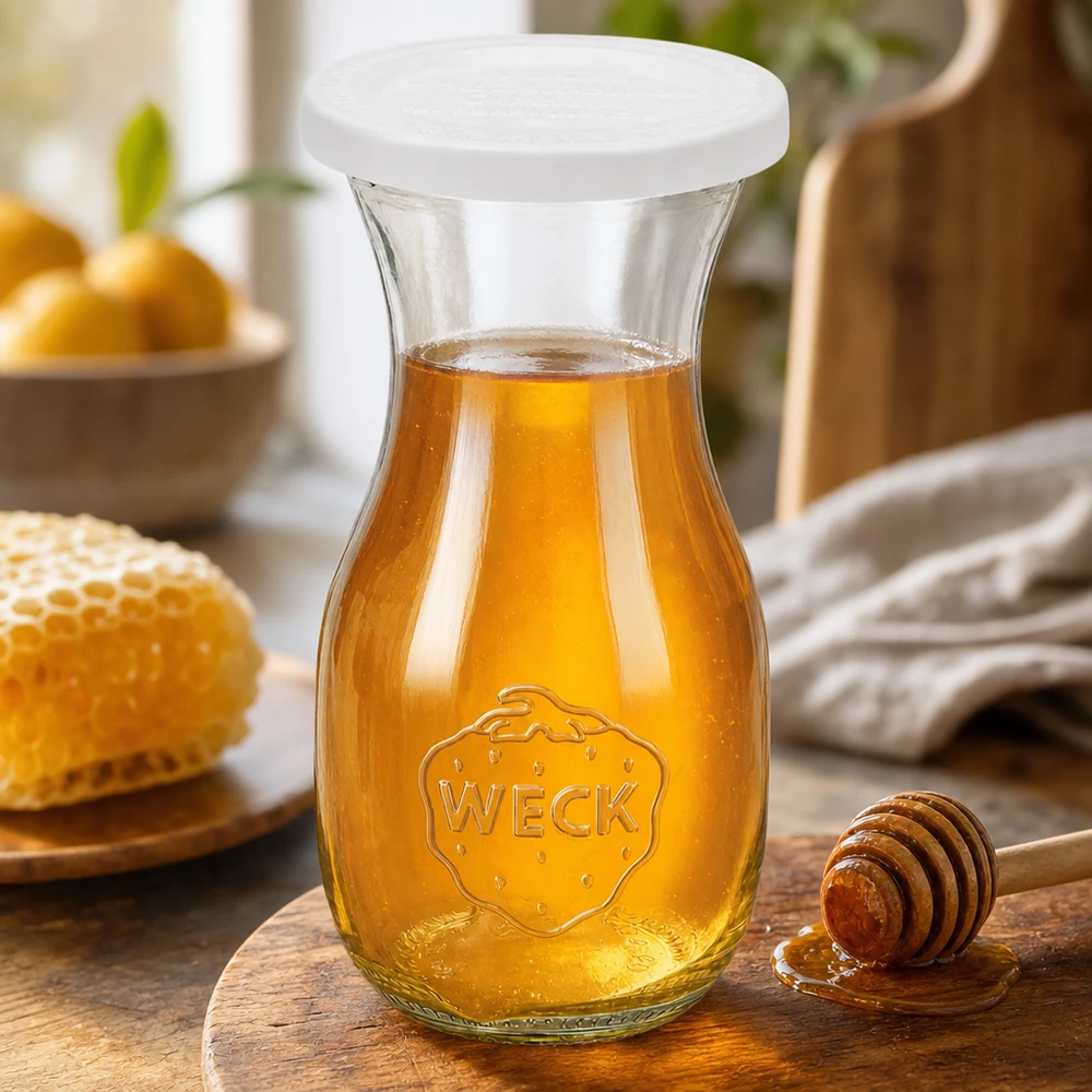 WECK 290ml Saftflasche mit RR60 Frischedeckel gefüllt mit goldenem Honig neben Honiglöffel und Bienenwabe