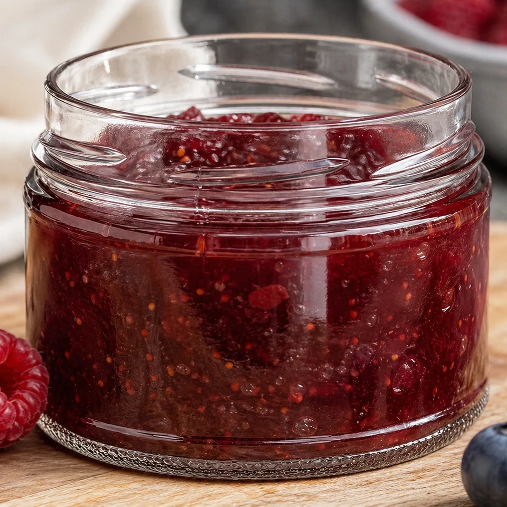 Kulatá sklenice o objemu 540 ml bez víčka (TO100) UNiTWIST UNiTWIST Runda540 Sturzglas befüllt mit roter Marmelade Konfitüre 540ml TO100 Einkochen Konservieren Anwendung