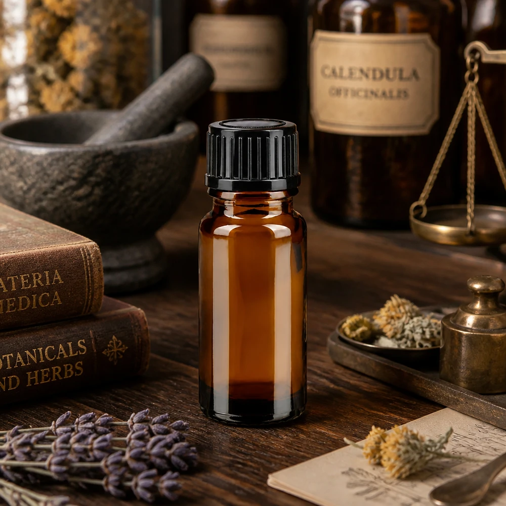 Apothekerflasche 10ml Braunglas SV STD auf Holztisch mit Materia Medica Botanikbüchern