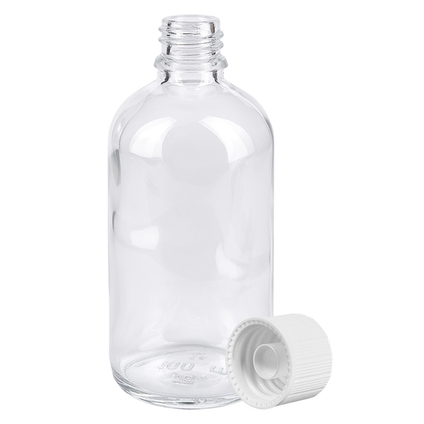 100ml láhev 11mm šroubovací uzávěr bílý standard ClearLine UT18/100 100ml Pharmaflasche Klarglas ClearLine UT18 mit geöffnetem weißen Verschluss 11mm SV