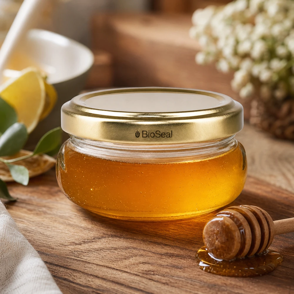 Dóza na terinu o objemu 120 ml se zlatým víčkem UNiTWIST BioSeal. Dóza na terinu o objemu 120 ml se zlatým víčkem UNiTWIST BioSeal.