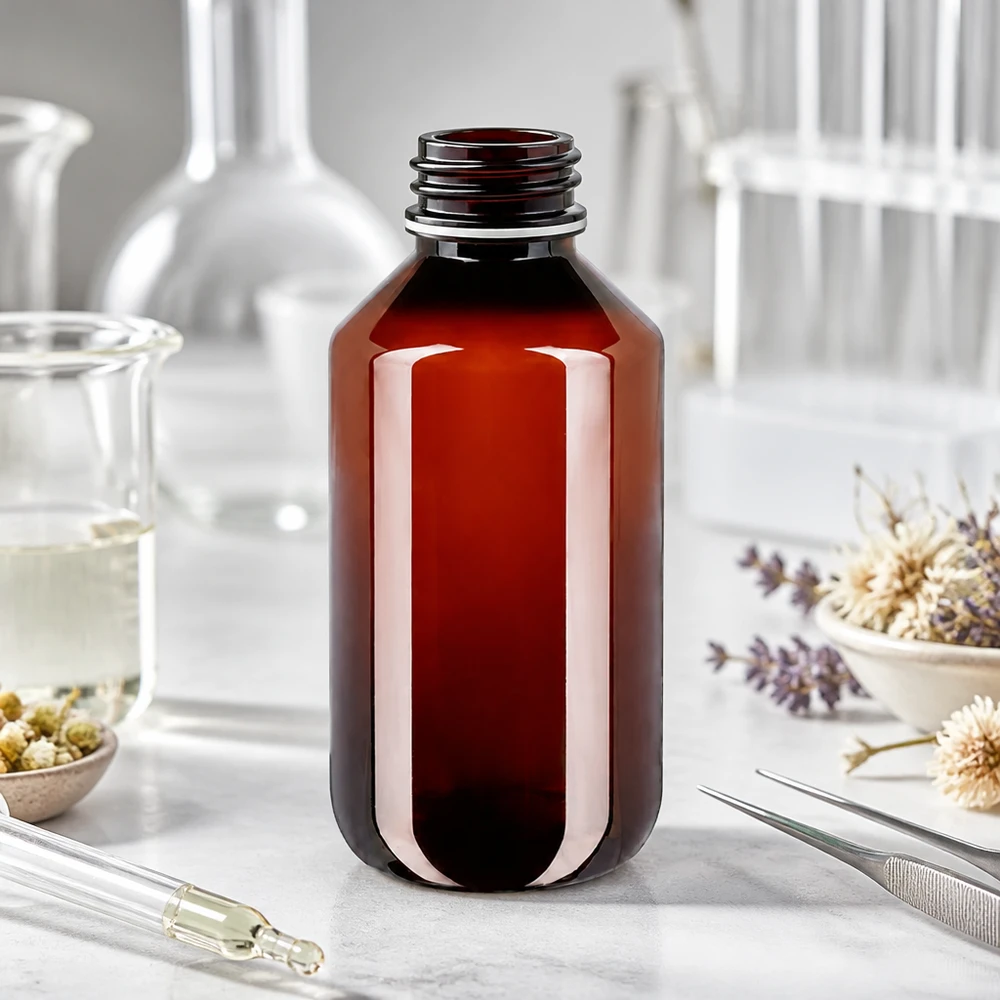 Láhev chránící před světlem, 100 ml, hnědá PET s bílým rýhovaným uzávěrem pro tekutiny citlivé na světlo