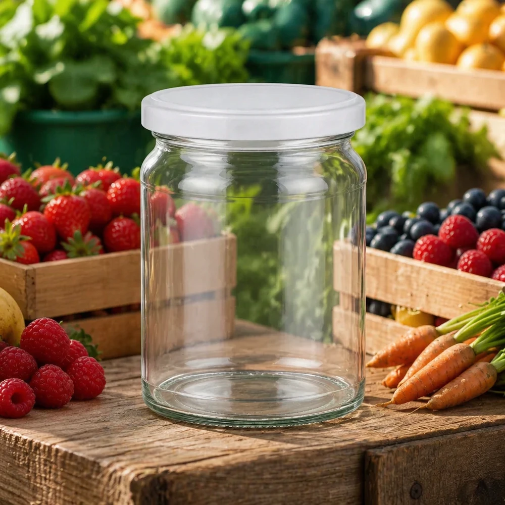 Kulatá sklenice 205 ml s víčkem BasicSeal bílá UNiTWIST 205ml Rundglas UNiTWIST auf Holztisch mit frischen Früchten und Gemüse - ideal für Marmelade und Konserven