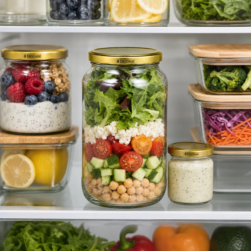 Kulatá nádoba o objemu 1062 ml se zlatým víčkem UNiTWIST BioSeal. UNiTWIST Runda1062 Meal Prep Kühlschrank Salat Schichtsalad TO82 BioSeal Golddeckel Vorratsglas Frischehaltung