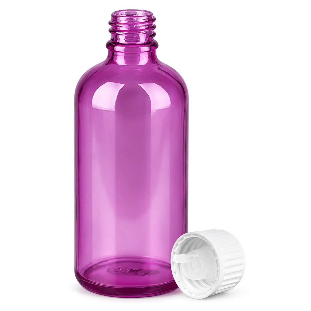 100ml lahvička s kapátkem 0,9 mm bílá standardní PurpleLine UT18/100 Elegante 100ml Flasche in Purple Line Design mit hygienischem weißem Tropfverschluss UT18 Gewinde