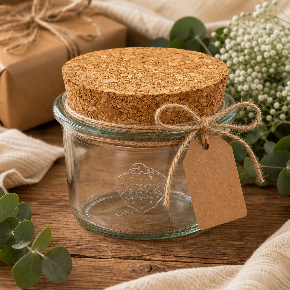 WECK Sturzglas 80ml RR60 Geschenkidee mit Korken Anhänger und Jute Band auf Holztisch dekoriert