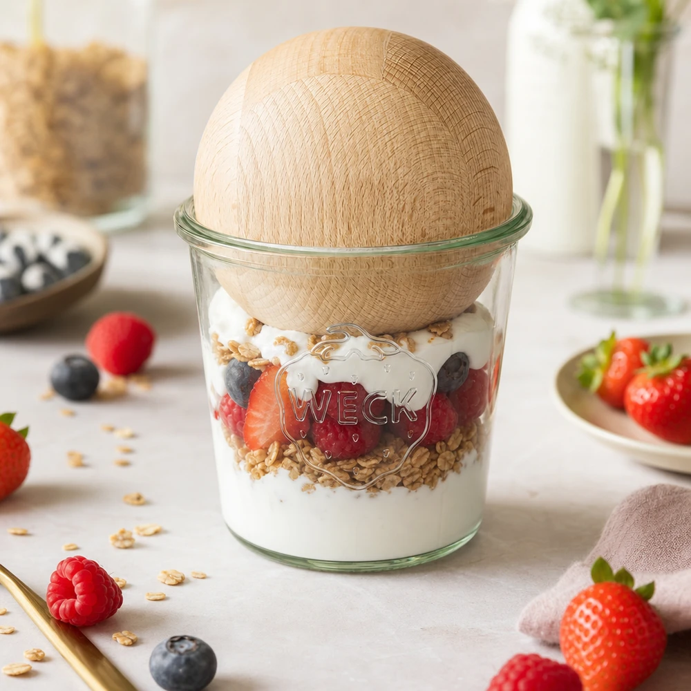 WECK Sturzglas RR100 580ml mit Buchenholzkugel als Müslischale mit Joghurt Beeren und Granola auf Küchentheke