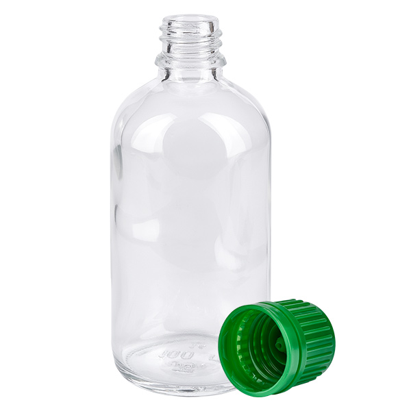 100ml láhev 11mm šroubovací uzávěr zelený uzávěr s ochranou proti manipulaci ClearLine UT18/100 Medizinflasche 100ml Weithals Klarglas mit abgeschraubtem grünen OV Verschluss ClearLine UT18 Serie