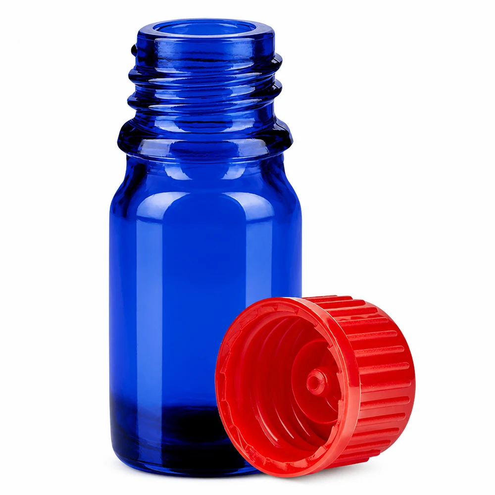 5ml láhev 11mm šroubovací uzávěr červená Standard BlueLine UT18/5 Handliche 5ml Flasche aus blauem Borosilikatglas mit kindersicherem roten Verschluss