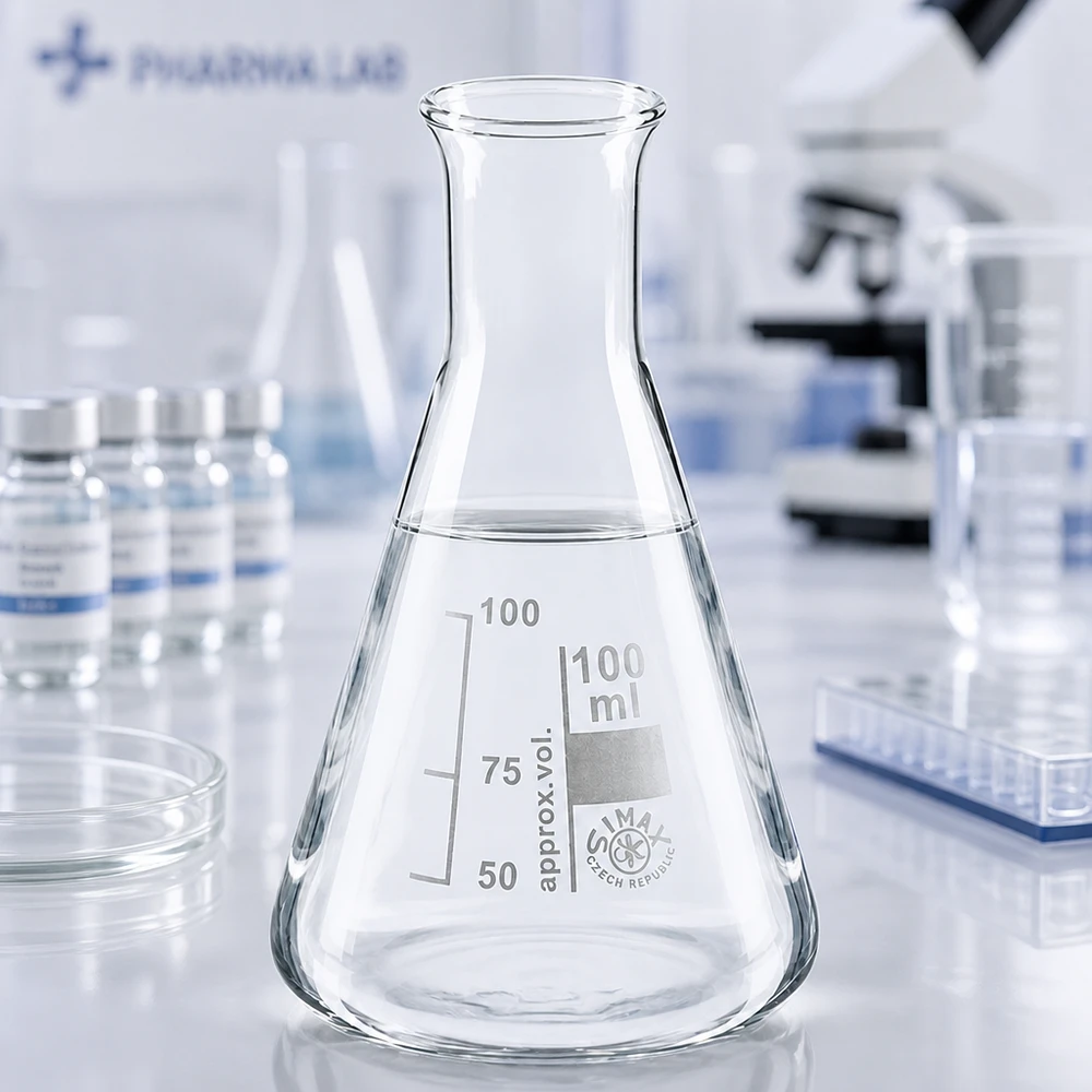 Erlenmeyerova baňka 100 ml s úzkým hrdlem Stabiler Erlenmeyerkolben 100ml Enghals mit breitem Boden für sicheren Stand auf dem Labortisch