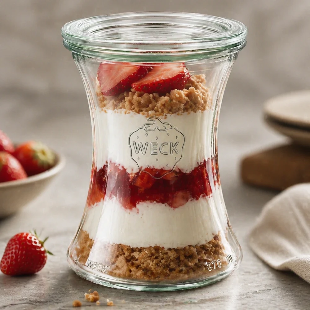 370ml lahůdková sklenice se skleněným víčkem WECK RR80 WECK Delikatessenglas 370ml RR80 als Dessertglas mit Erdbeeren und Streuseln zeigt elegante Schichtoptik