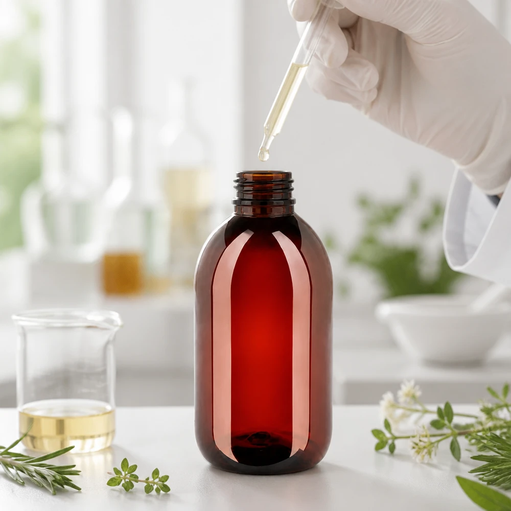Jantarově zbarvená PET láhev o objemu 250 ml se šroubovacím uzávěrem v profesionálním laboratorním prostředí