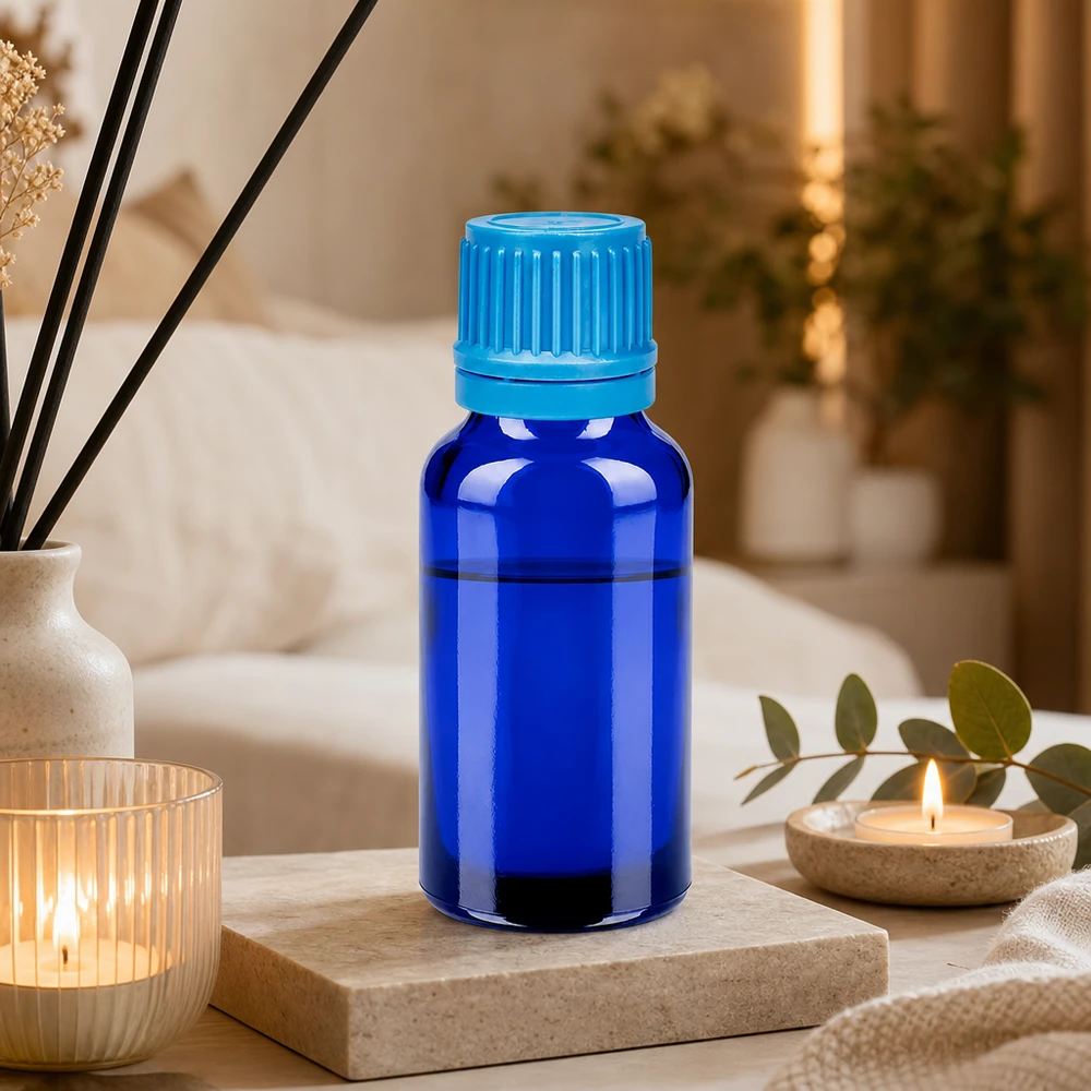 20ml láhev 11mm šroubovací uzávěr modrý uzávěr s ochranou proti manipulaci BlueLine UT18/20 Premium 20ml Glasflasche mit Anti-Leck-System und kindersicherem Drehverschluss in Blau