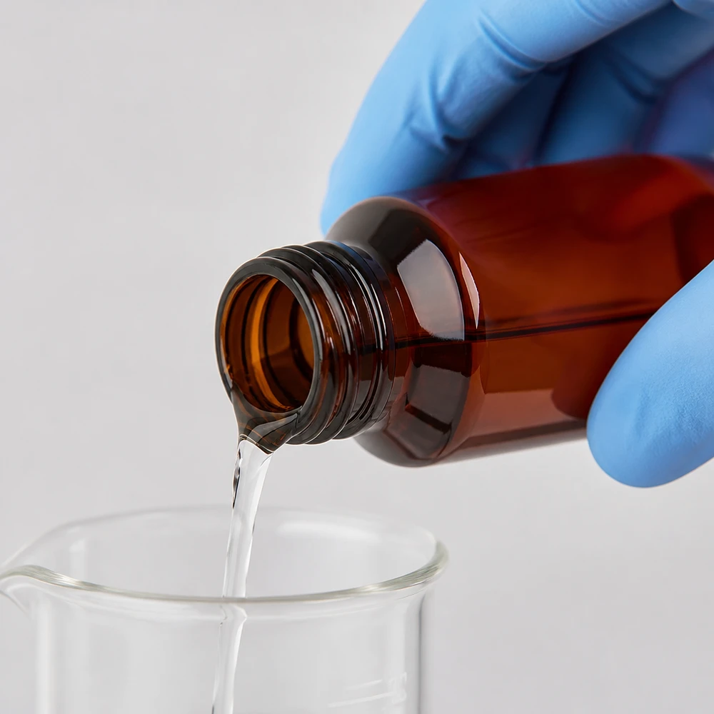 PET láhev 100ml s bílým standardním uzávěrem s pojistkou proti manipulaci Laborant v modré rukavici nalévá čirou kapalinu z hnědé 100ml PET láhve do kádinky